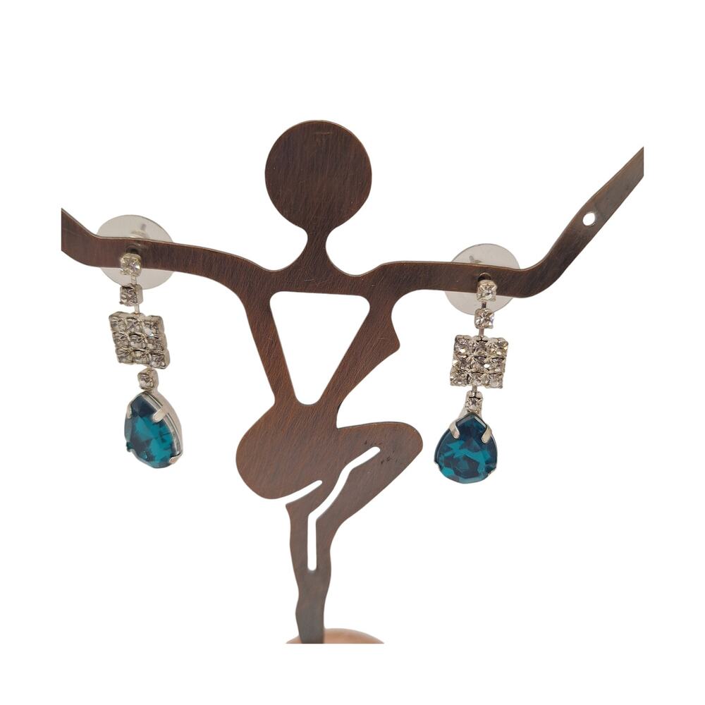 Drop Rhinestone Earrings Teal Teardrop Clear Square Pave' Post Back Silver Tone